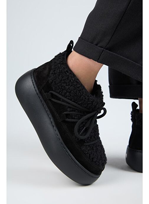 Manijero (Eleni) Kadın Hakiki Deri İçi Kürklü Mini Tedy Detaylı Siyah Bot - Görsel 5