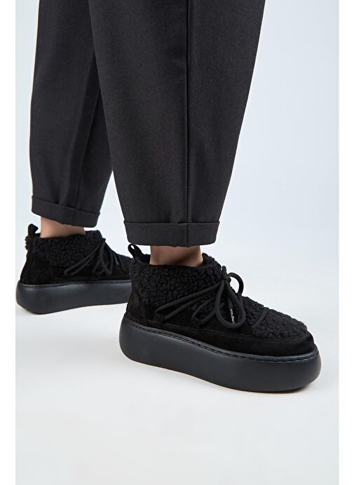 Manijero (Eleni) Kadın Hakiki Deri İçi Kürklü Mini Tedy Detaylı Siyah Bot - Görsel 6