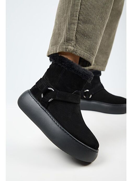 Manijero Caterina Kadın Hakiki Deri İçi Kürklü Kuşaklı Siyah Bot - Görsel 2