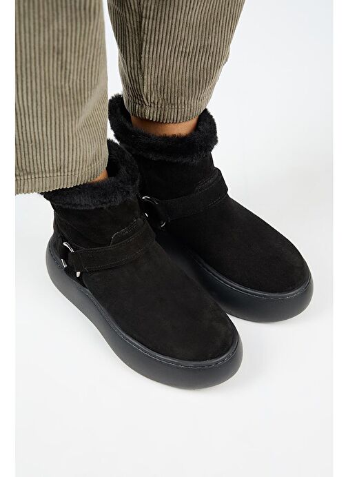 Manijero Caterina Kadın Hakiki Deri İçi Kürklü Kuşaklı Siyah Bot - Görsel 4