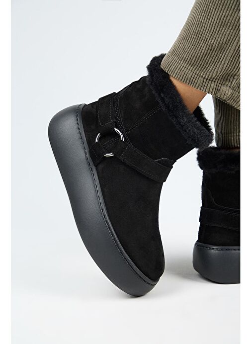 Manijero Caterina Kadın Hakiki Deri İçi Kürklü Kuşaklı Siyah Bot - Görsel 6