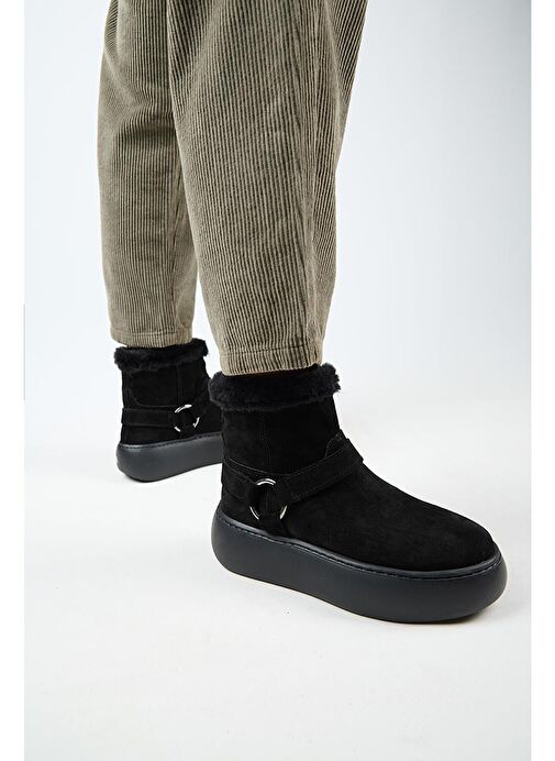 Manijero Caterina Kadın Hakiki Deri İçi Kürklü Kuşaklı Siyah Bot - Görsel 7