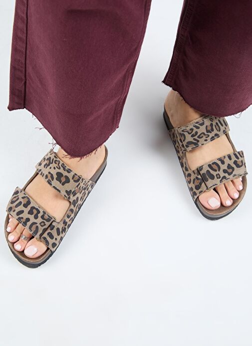 Manijero (Vina 2 Leopar) Kadın Hakiki Deri Çift Cırtlı Vizon Terlik - Görsel 4