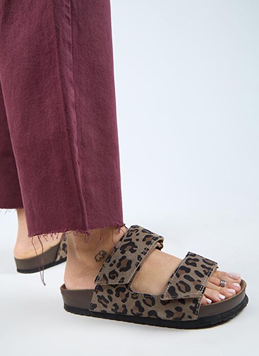 Manijero (Vina 2 Leopar) Kadın Hakiki Deri Çift Cırtlı Vizon Terlik - Görsel 7