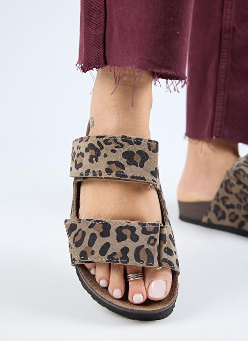 Manijero (Vina 2 Leopar) Kadın Hakiki Deri Çift Cırtlı Vizon Terlik - Görsel 6