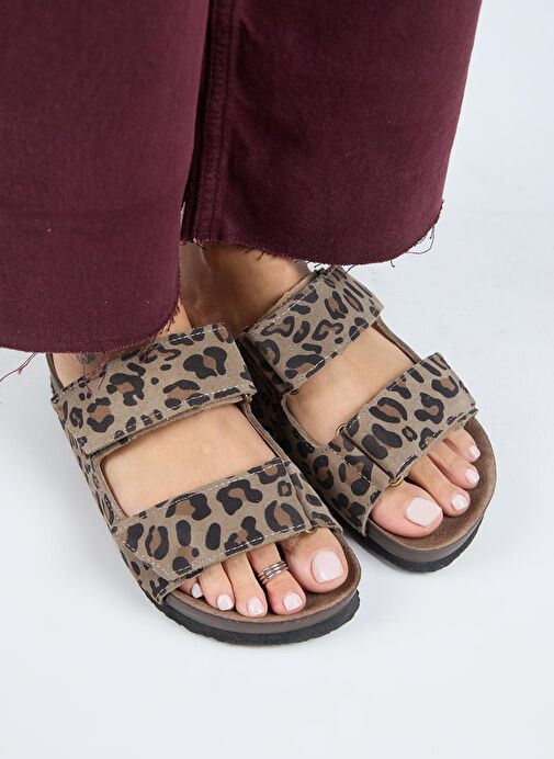 Manijero (Vina 2 Leopar) Kadın Hakiki Deri Çift Cırtlı Vizon Terlik - Görsel 2