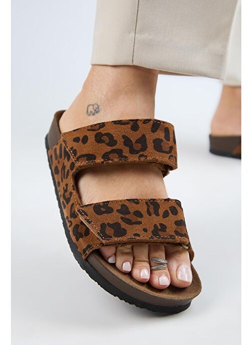 Manijero (Vina 2 Leopar) Kadın Hakiki Deri Çift Cırtlı Taba Terlik - Görsel 2