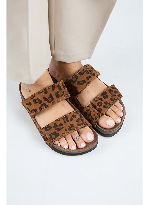 Manijero (Vina 2 Leopar) Kadın Hakiki Deri Çift Cırtlı Taba Terlik - Görsel 4