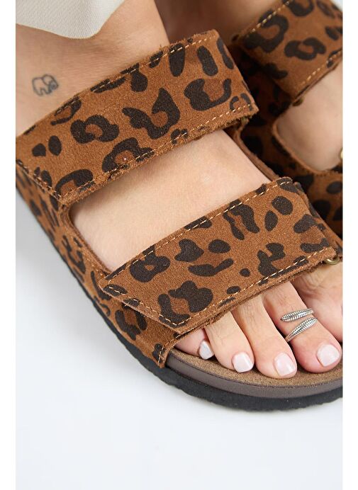 Manijero (Vina 2 Leopar) Kadın Hakiki Deri Çift Cırtlı Taba Terlik - Görsel 5