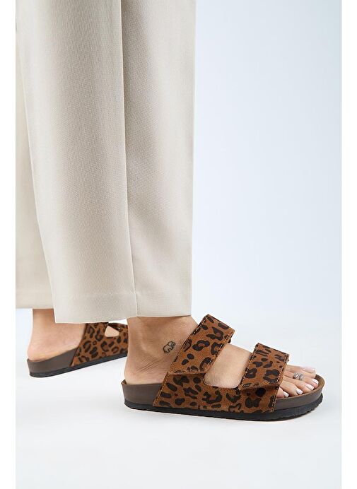 Manijero (Vina 2 Leopar) Kadın Hakiki Deri Çift Cırtlı Taba Terlik - Görsel 6
