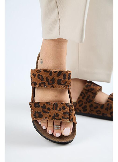 Manijero (Vina 2 Leopar) Kadın Hakiki Deri Çift Cırtlı Taba Terlik - Görsel 7