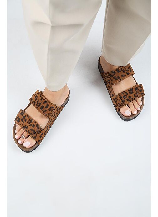 Manijero (Vina 2 Leopar) Kadın Hakiki Deri Çift Cırtlı Taba Terlik - Görsel 8