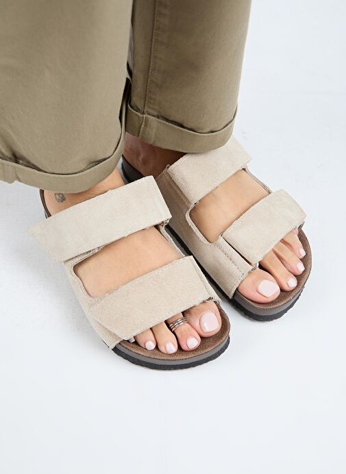 Manijero (Vina 2 ) Kadın Hakiki Deri Çift Cırtlı Bej Terlik - Görsel 4