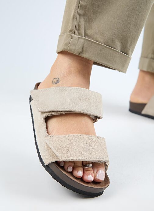 Manijero (Vina 2 ) Kadın Hakiki Deri Çift Cırtlı Bej Terlik - Görsel 2