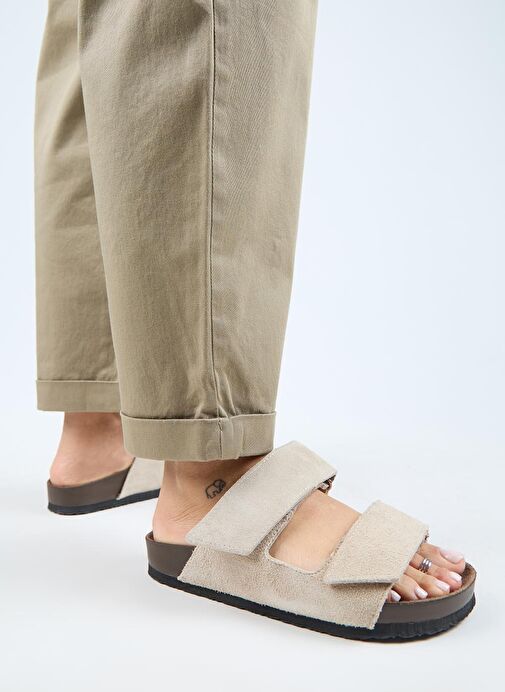 Manijero (Vina 2 ) Kadın Hakiki Deri Çift Cırtlı Bej Terlik - Görsel 7