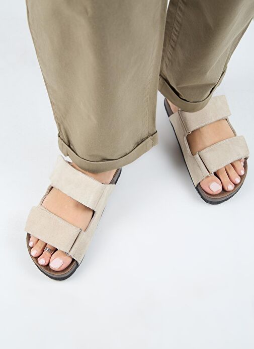 Manijero (Vina 2 ) Kadın Hakiki Deri Çift Cırtlı Bej Terlik - Görsel 8