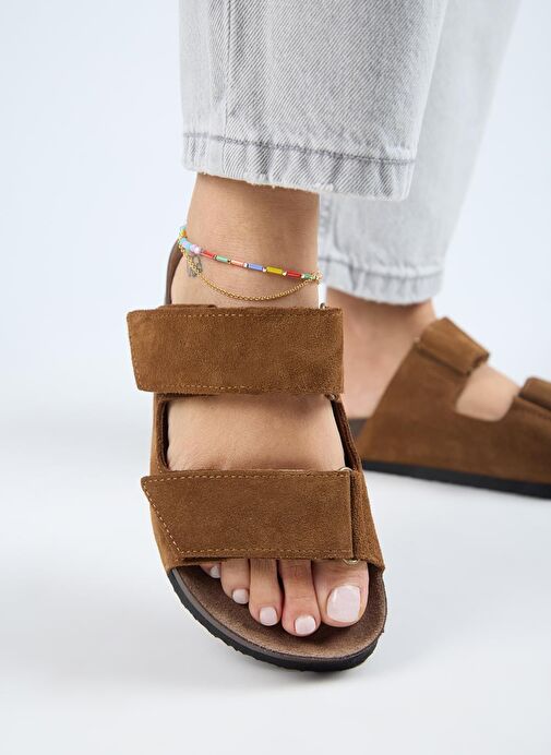 Manijero (Vina 2 ) Kadın Hakiki Deri Çift Cırtlı Taba Terlik - Görsel 7