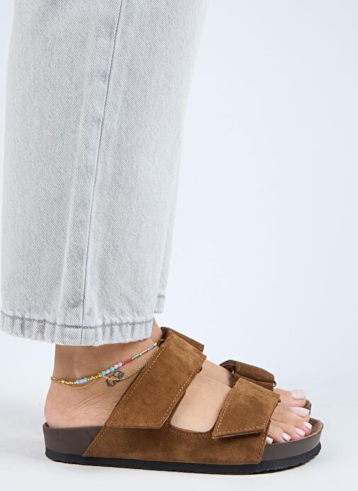 Manijero (Vina 2 ) Kadın Hakiki Deri Çift Cırtlı Taba Terlik - Görsel 3