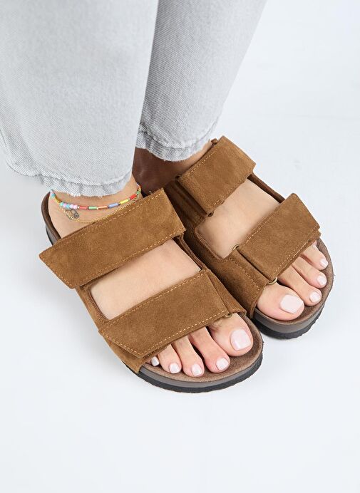 Manijero (Vina 2 ) Kadın Hakiki Deri Çift Cırtlı Taba Terlik - Görsel 4