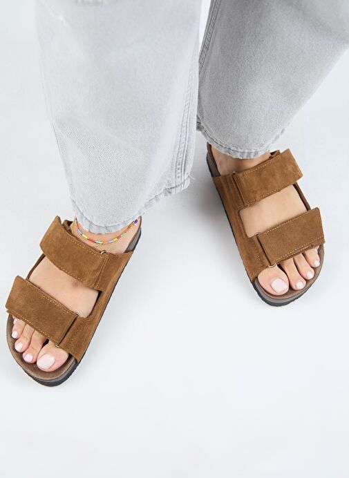 Manijero (Vina 2 ) Kadın Hakiki Deri Çift Cırtlı Taba Terlik - Görsel 8