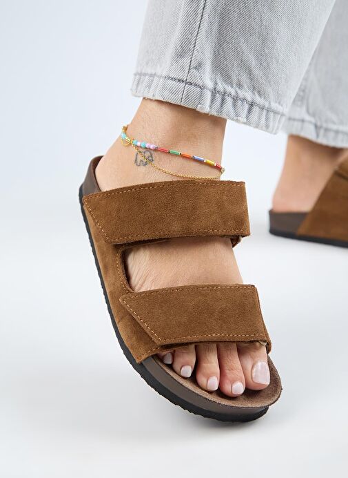 Manijero (Vina 2 ) Kadın Hakiki Deri Çift Cırtlı Taba Terlik - Görsel 6