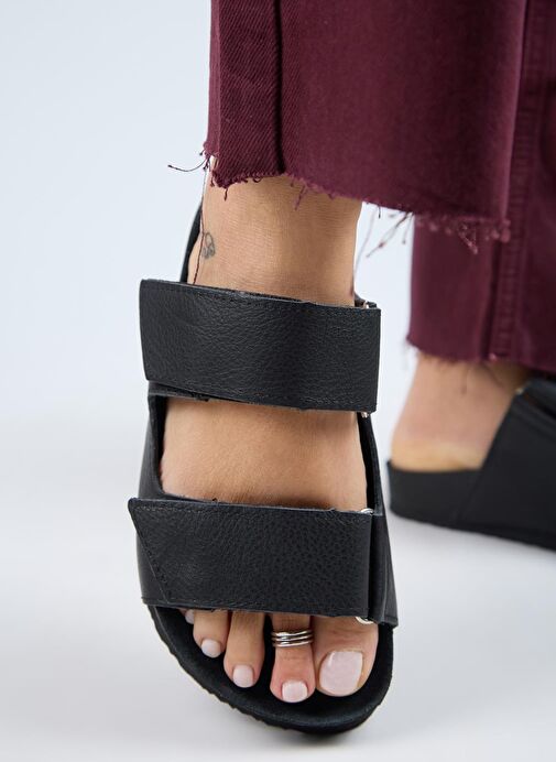 Manijero (Vina 2 ) Kadın Hakiki Deri Çift Cırtlı Siyah Terlik - Görsel 6