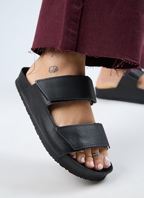 Manijero (Vina 2 ) Kadın Hakiki Deri Çift Cırtlı Siyah Terlik - Görsel 5