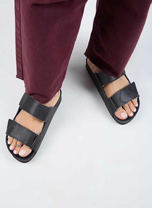 Manijero (Vina 2 ) Kadın Hakiki Deri Çift Cırtlı Siyah Terlik - Görsel 8