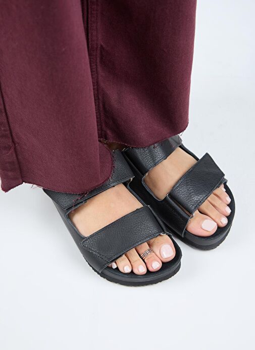 Manijero (Vina 2 ) Kadın Hakiki Deri Çift Cırtlı Siyah Terlik - Görsel 3