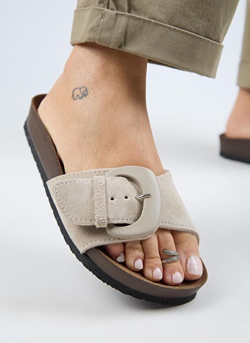 Manijero (Alandra 2 ) Kadın Hakiki Deri Tek Tokalı Bej Terlik - Görsel 2