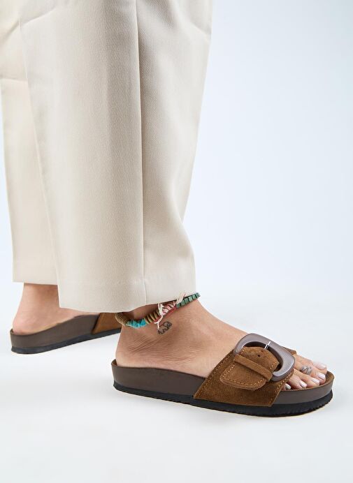 Manijero (Alandra 2 ) Kadın Hakiki Deri Tek Tokalı Taba Terlik - Görsel 6