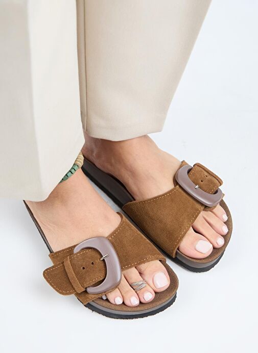 Manijero (Alandra 2 ) Kadın Hakiki Deri Tek Tokalı Taba Terlik - Görsel 2