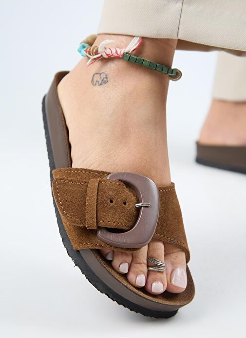 Manijero (Alandra 2 ) Kadın Hakiki Deri Tek Tokalı Taba Terlik - Görsel 5