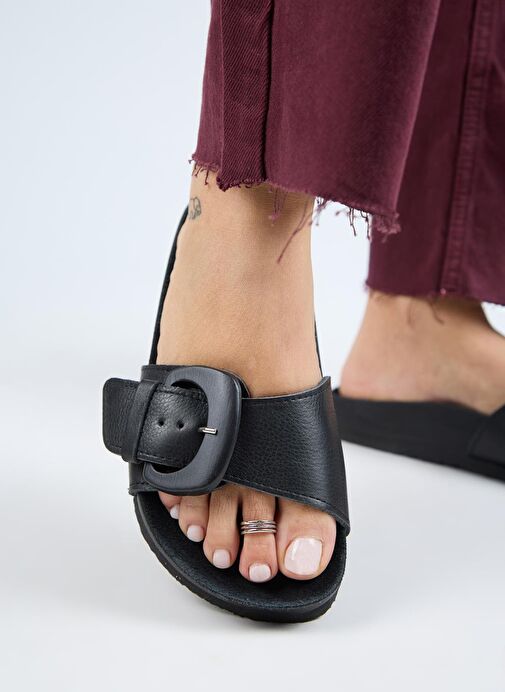 Manijero (Alandra 2 ) Kadın Hakiki Deri Tek Tokalı Siyah Terlik - Görsel 2