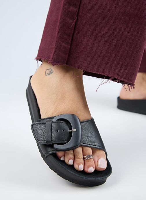 Manijero (Alandra 2 ) Kadın Hakiki Deri Tek Tokalı Siyah Terlik - Görsel 6