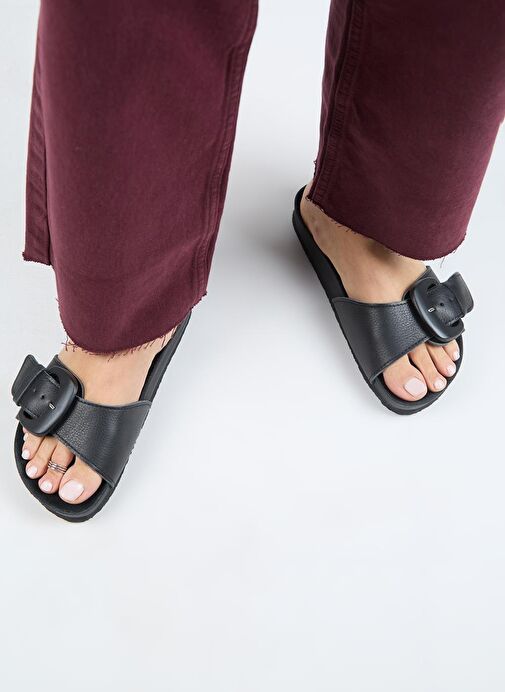 Manijero (Alandra 2 ) Kadın Hakiki Deri Tek Tokalı Siyah Terlik - Görsel 8