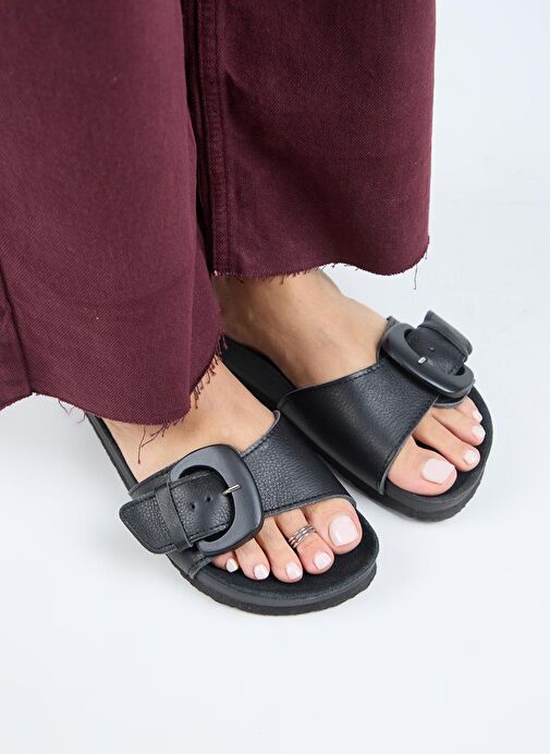 Manijero (Alandra 2 ) Kadın Hakiki Deri Tek Tokalı Siyah Terlik - Görsel 4