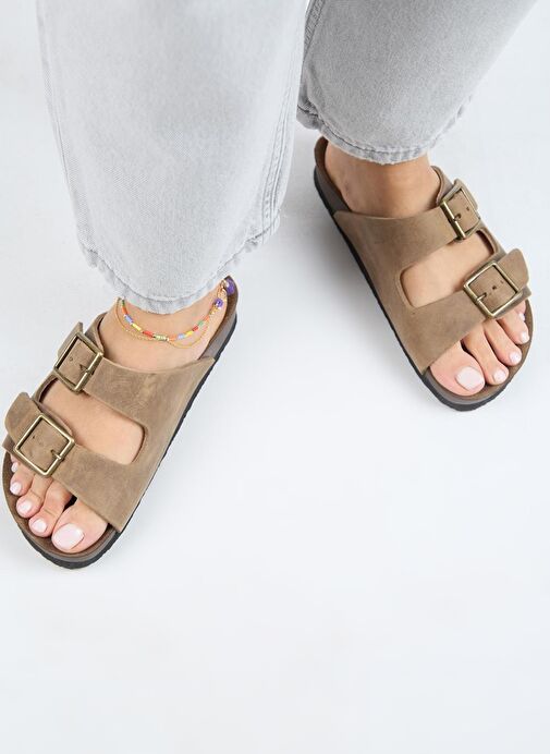 Manijero (Anjelic Eskitme ) Kadın Hakiki Deri Çift Tokalı Vizon Terlik - Görsel 8