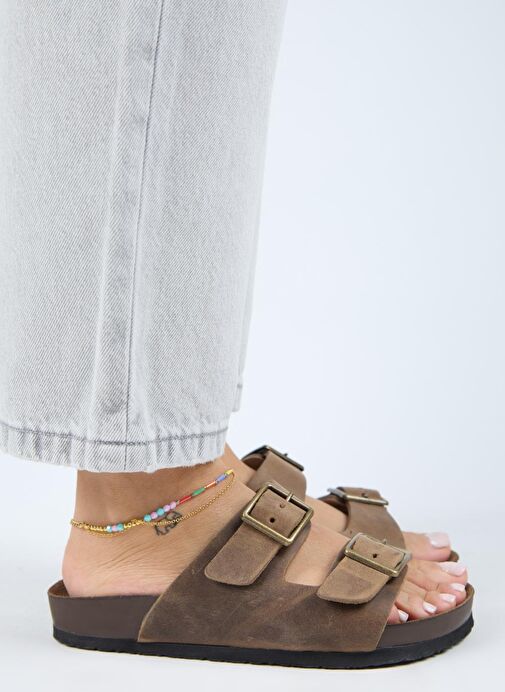 Manijero (Anjelic Eskitme ) Kadın Hakiki Deri Çift Tokalı Vizon Terlik - Görsel 3