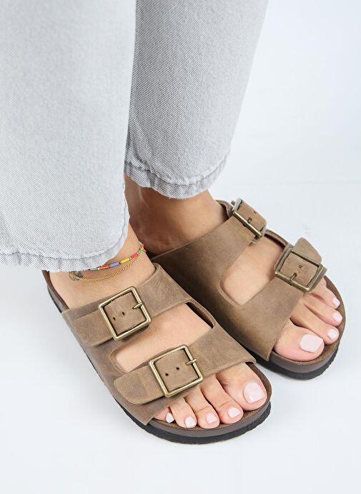 Manijero (Anjelic Eskitme ) Kadın Hakiki Deri Çift Tokalı Vizon Terlik - Görsel 4