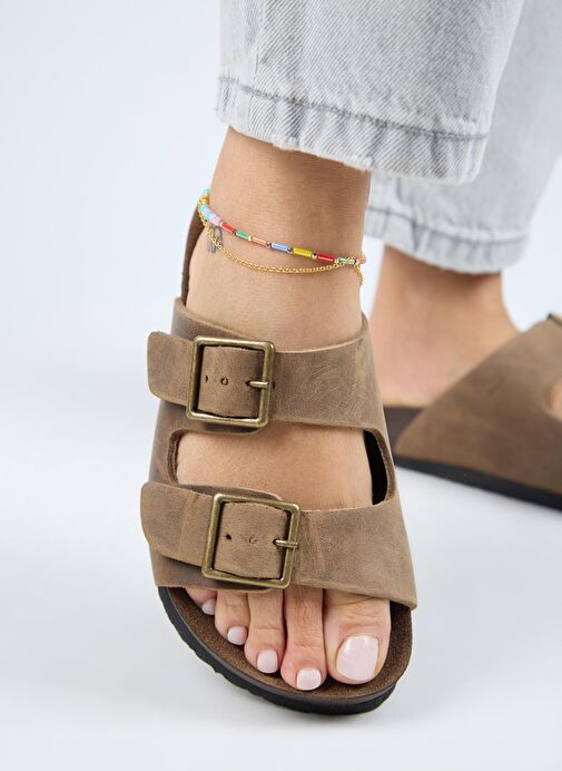 Manijero (Anjelic Eskitme ) Kadın Hakiki Deri Çift Tokalı Vizon Terlik - Görsel 2