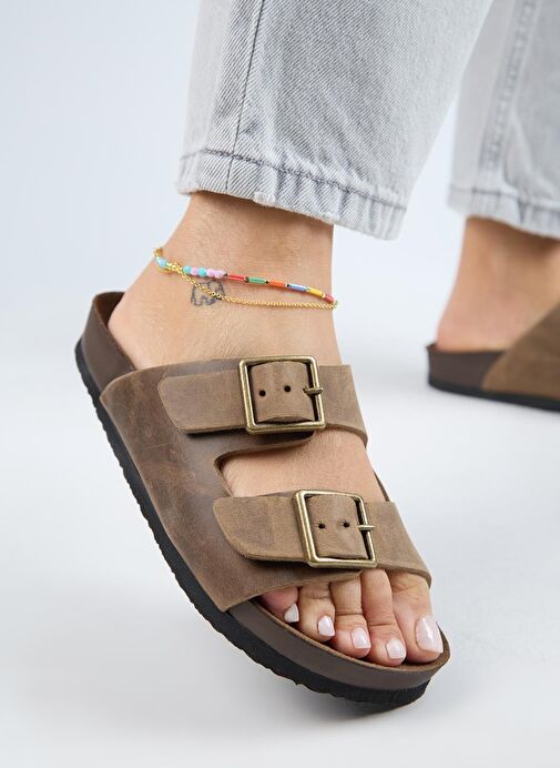 Manijero (Anjelic Eskitme ) Kadın Hakiki Deri Çift Tokalı Vizon Terlik - Görsel 6