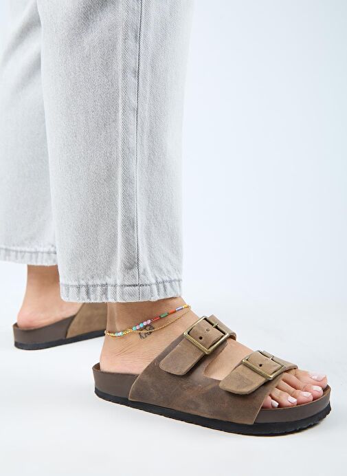 Manijero (Anjelic Eskitme ) Kadın Hakiki Deri Çift Tokalı Vizon Terlik - Görsel 7