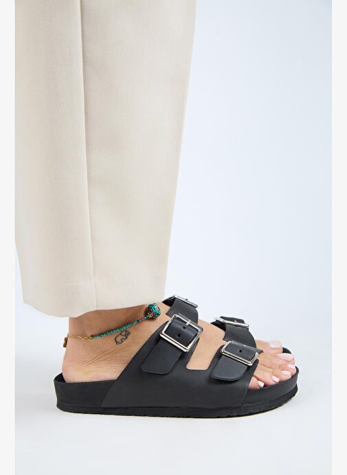 Manijero (Anjelic Eskitme ) Kadın Hakiki Deri Çift Tokalı Siyah Terlik - Görsel 3