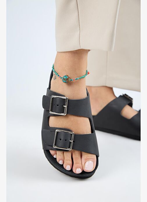 Manijero (Anjelic Eskitme ) Kadın Hakiki Deri Çift Tokalı Siyah Terlik - Görsel 2