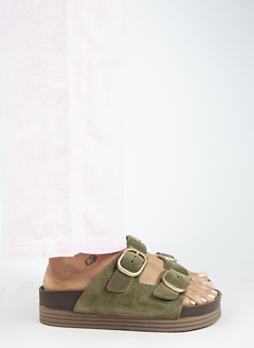 Manijero Alexa Kadın Deri Hakiki Deri Çift Tokalı Platform Haki Terlik - Görsel 2