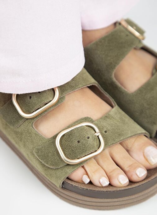 Manijero Alexa Kadın Deri Hakiki Deri Çift Tokalı Platform Haki Terlik - Görsel 4