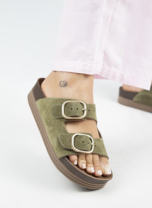 Manijero Alexa Kadın Deri Hakiki Deri Çift Tokalı Platform Haki Terlik - Görsel 5