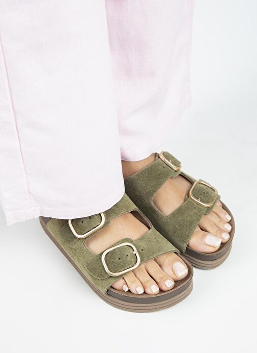 Manijero Alexa Kadın Deri Hakiki Deri Çift Tokalı Platform Haki Terlik - Görsel 3