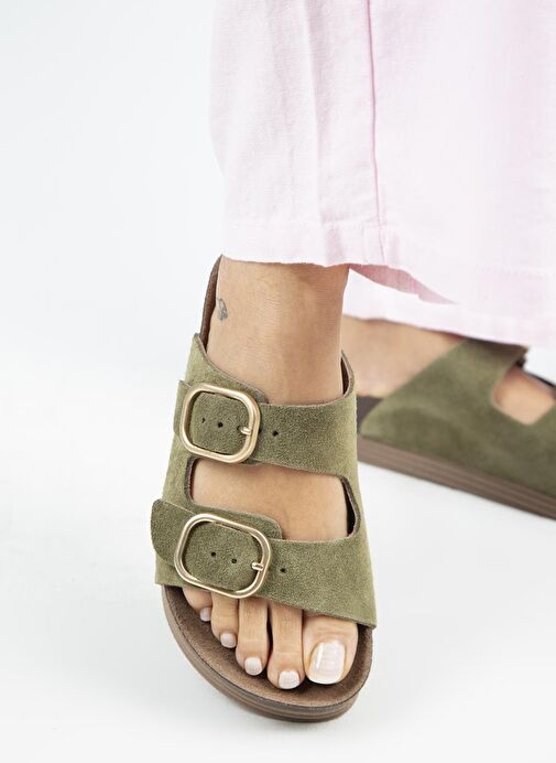 Manijero Alexa Kadın Deri Hakiki Deri Çift Tokalı Platform Haki Terlik - Görsel 6